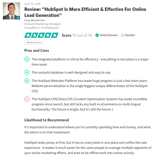 Een positieve review over HubSpot met een 10/10 score