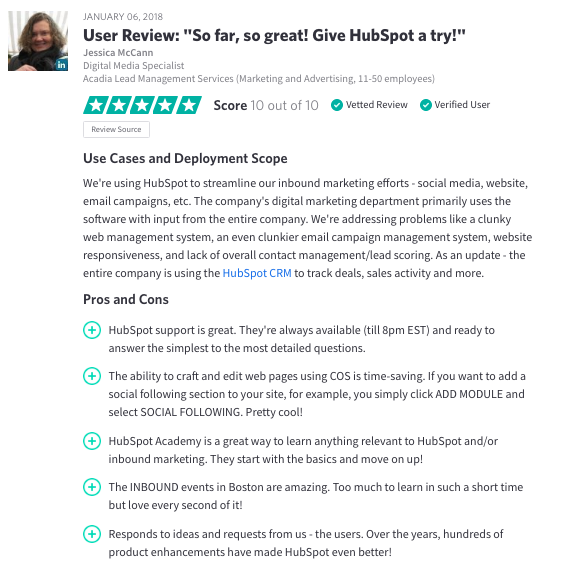 Een positieve review over HubSpot via TrustRadius