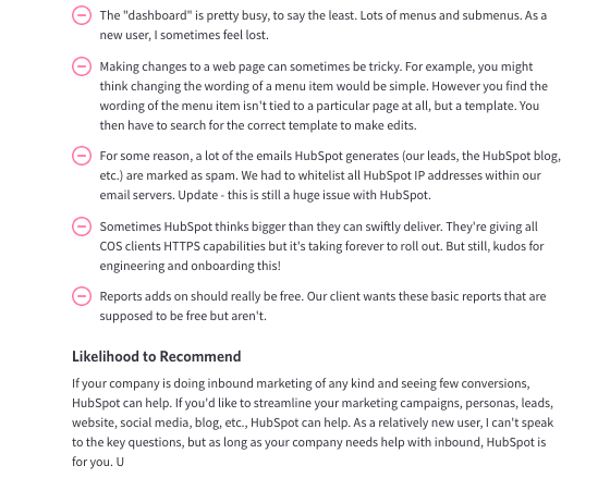 Minpunten over HubSpot volgens een HubSpot review
