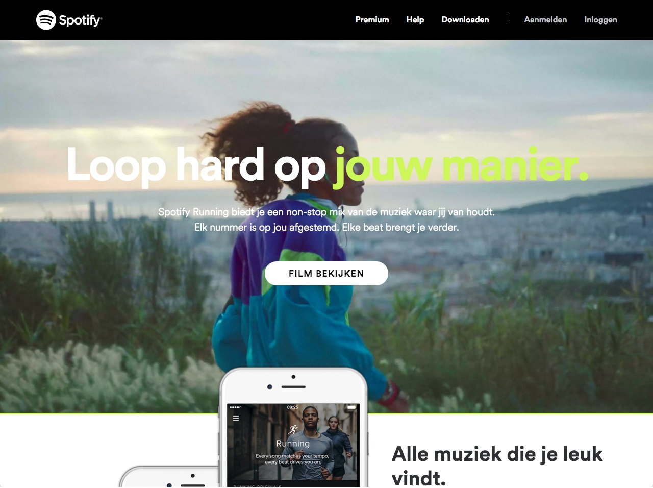 website van spotify waar een grote afbeelding als header is te zien met een call to action naar een video